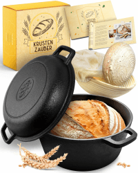 KRUSTENZAUBER 26cm Gusseisen Topf Brot Backen inkl. Gärkorb - Robuste Brotbackform mit Deckel - Idealer Brottopf, Brotbacktopf, Brotbackset Gusseisentopf Brotbacken, Brot Backen Zubehör, Brotform 26cm Gusseisentopf Angebot bei HelloDeals