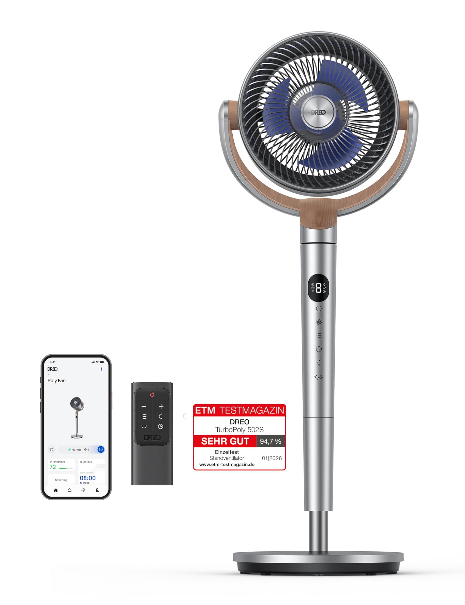 DREO Smart Standventilator, 120°+120° Oszillierend Ventilator mit Wi-Fi/Sprachsteuerung, 20dB Leiser Bodenventilator für Schlafzimmer, einstellbare Höhe, 8 Geschwindigkeiten, 6 Modi, 12H Timer Silber - Wifi Angebot bei HelloDeals