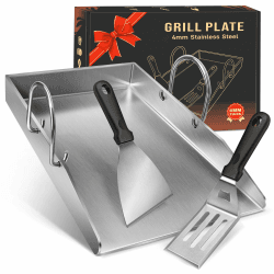Grillplatte Plancha Geschenke für Männer Frauen, mit 2 Grillspachtel Set, 4mm Dickem Edelstahl BBQ mit Abnehmbar Griffen, für Gasgrill und Holzkohlegrill 40 x 30 x 4 cm, Drei Kanten Angebot bei HelloDeals