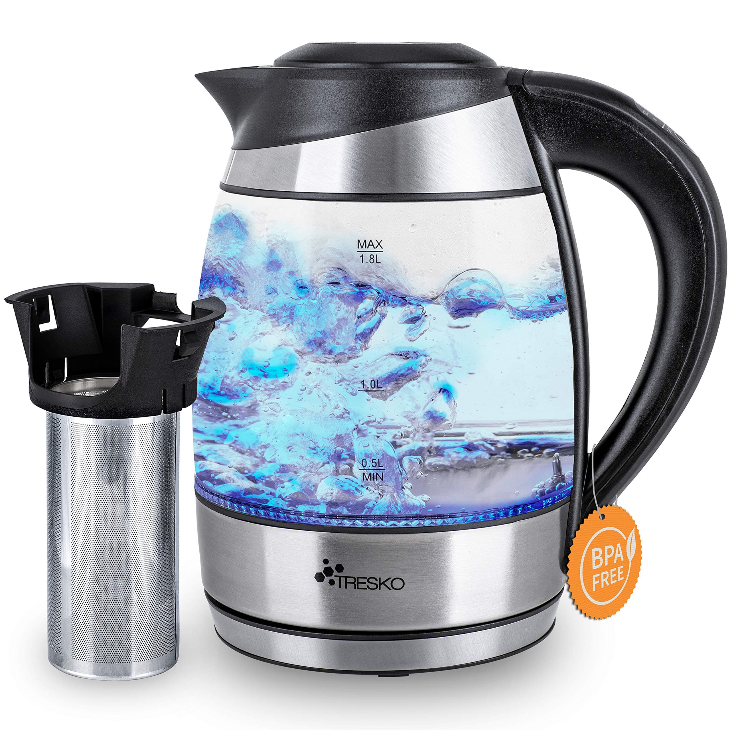 TRESKO® Glas Wasserkocher 1,8L / 2200W mit Temperatureinstellung | Teekocher Edelstahl Touch mit Teesieb & Kalkfilter | 100% BPA FREI | Farbwechsel LED Beleuchtung | 2 Stunden Warmhaltefunktion Angebot bei HelloDeals