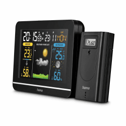 Hama Wetterstation (mit Außensensor, Thermometer innen und außen, Frostalarm, Hygrometer innen und außen, Wettervorhersage mit Symbolen, Raumklima, DCF Funkuhr, Mondphasen, Beleuchtung) schwarz Angebot bei HelloDeals