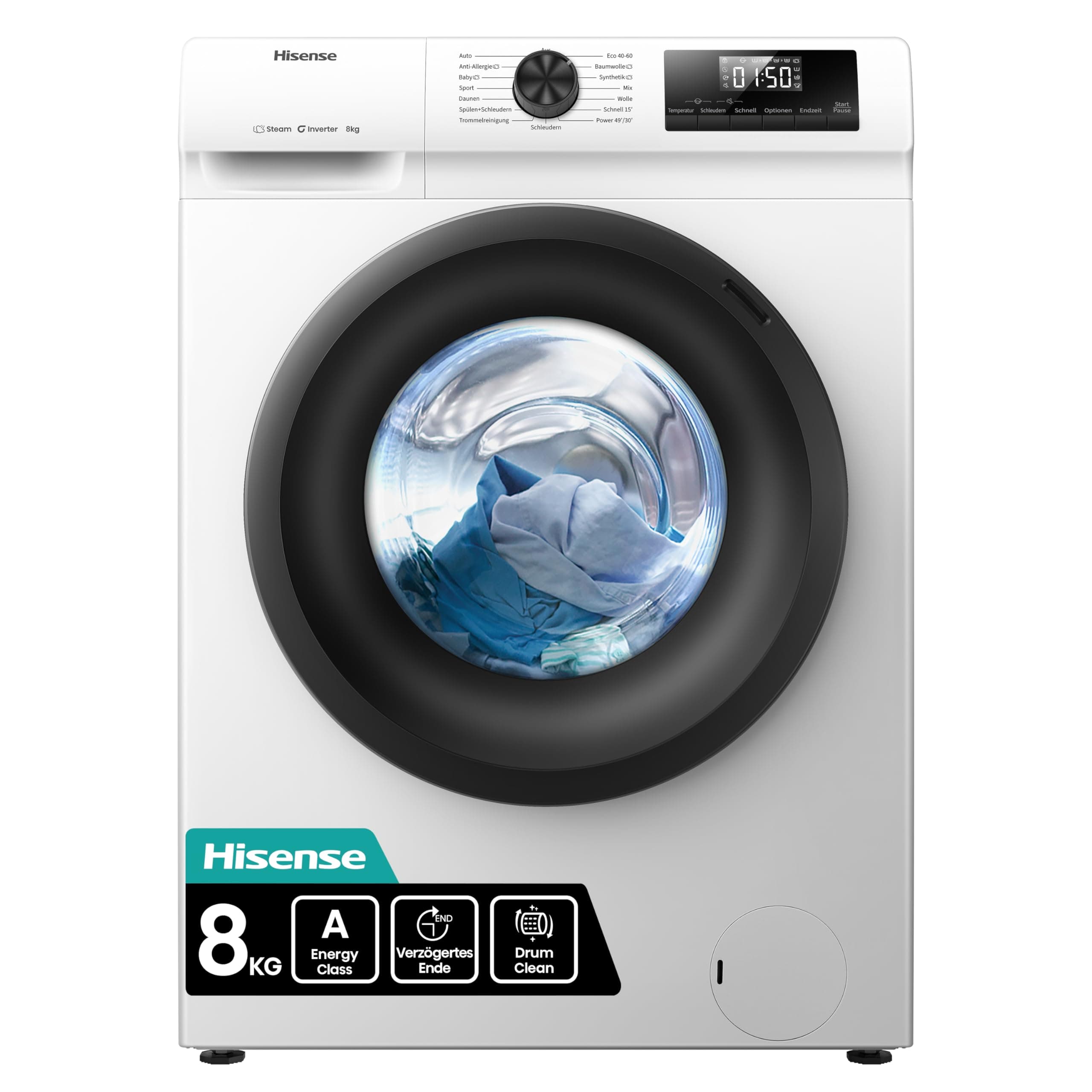 Hisense WF1Q8041BW Waschmaschine mit Dampffunktion /8KG /1400 U/Min /15 Programme/Anti-Allergie Programm/Baby-Wäsche/AutoWash/QuickWash/Daunen/Eco/Power 49' / Verzögertes Ende/EEK: A/Weiß 8 Ohne WIFI 2025 Weiß Angebot bei HelloDeals