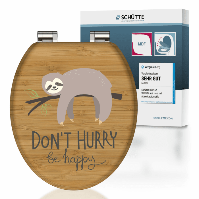 SCHÜTTE WC-Sitz NO HURRY mit Absenkautomatik aus Holz, hochwertiger Toilettendeckel mit 175kg Belastbarkeit, Toilettensitz mit Brille, Klodeckel für WC, MDF Holzkern Klobrille mit Motiv Angebot bei HelloDeals