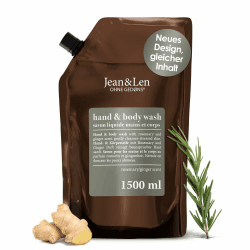 Jean & Len Hand & Body Wash Rosemary und Ginger im Nachfüllbeutel, reinigt und pflegt die Haut, würzig-frischer Duft, Flüssigseife im Nachfüllpack, ohne Silikone & Parabene, 1,5L Angebot bei HelloDeals