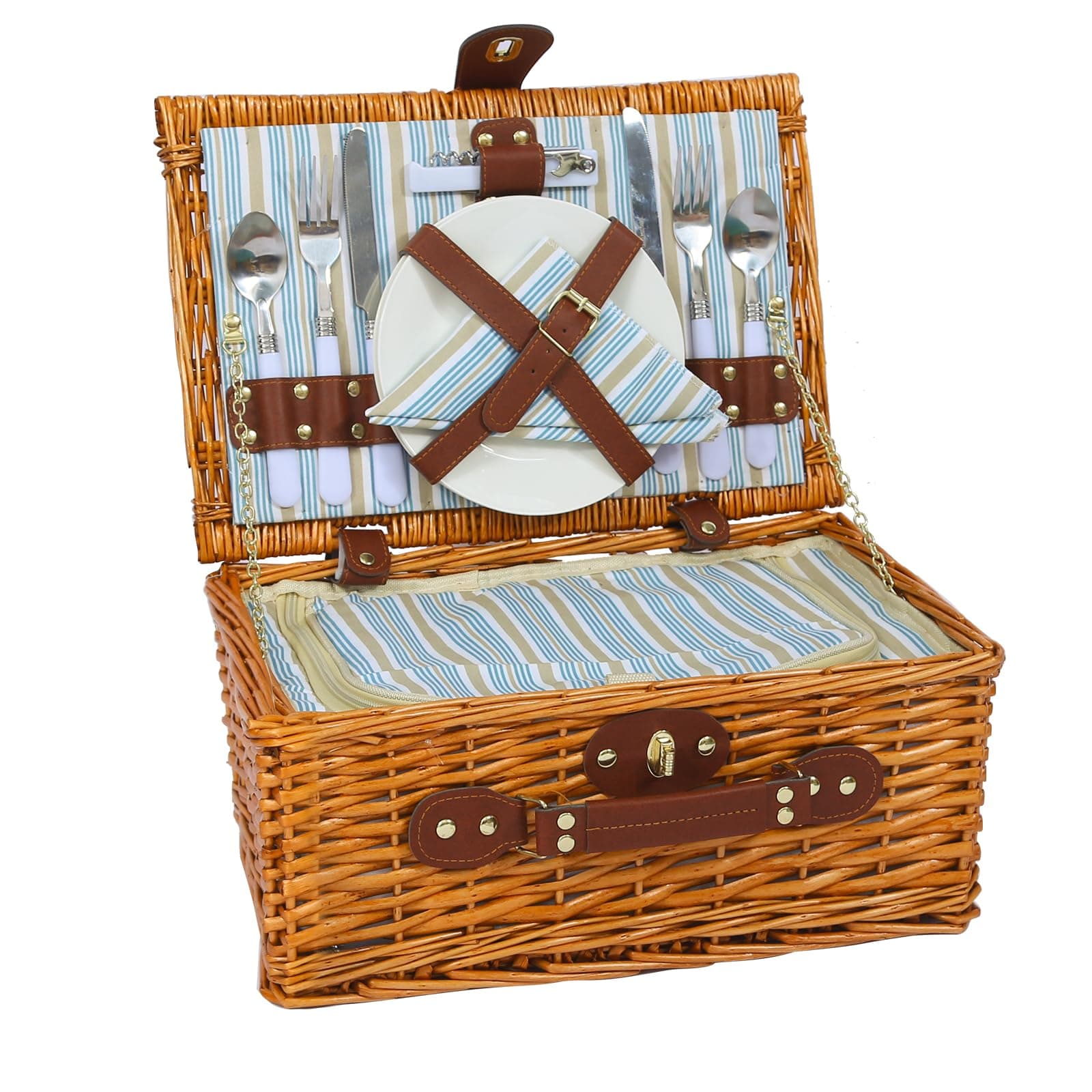 Picknickkorb Set für 2 Person mit Kühlfach, Abnehmbarer Riemen, Weinbeutel, Besteck Set, für Camping, Strand, Wandern, BBQ und Familie/Paare Geschenke, Zubehör Blaue und Grüne Streifen For 2 Persons without Picnic Blanket Angebot bei HelloDeals