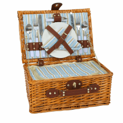 Picknickkorb Set für 2 Person mit Kühlfach, Abnehmbarer Riemen, Weinbeutel, Besteck Set, für Camping, Strand, Wandern, BBQ und Familie/Paare Geschenke, Zubehör Blaue und Grüne Streifen For 2 Persons without Picnic Blanket Angebot bei HelloDeals