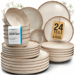 Steingut Geschirrset 6 Personen Rustic 24 tlg. TESTSIEGER, Hochwertiges Landhaussttil Steingut Geschirr Set, Schüssel- und Teller Set, Tafelservice 6 Personen, Geschirrsets Pure Living in Beige Set 24 Teile 6 Pers. Beige Angebot bei HelloDeals