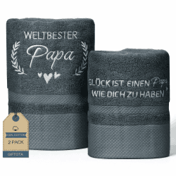 Giftota Papa Geschenk 2 teilig Handtuch Set 100% Baumwolle Bestickt Handtücher Grau, Geschenke für Papa zum Geburtstag Vatertag - Badehandtuch 50 x 100 cm + Handtuch 35 x 75 cm Angebot bei HelloDeals