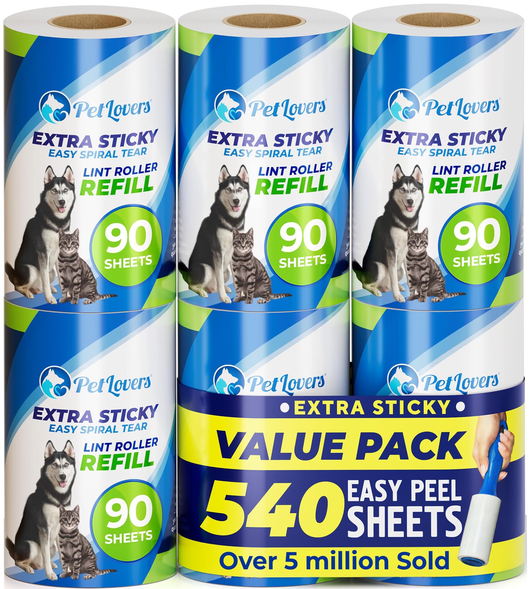 PetLovers Extra klebrige Fusselrolle Mega Value Set 450 Blatt für die Tierhaarentfernung, Hunde- und Katzenfusselentfernung 6 Nachfüllungen 6 Pack Refills - 90 Sheets Each Angebot bei HelloDeals