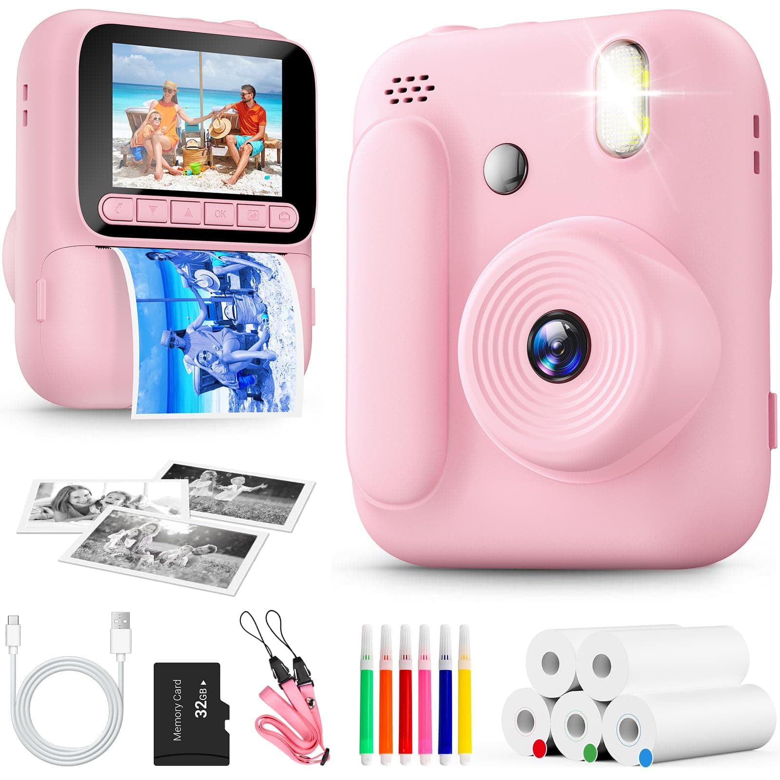 Sofortbildkamera für Kinder,1080P Kinderkamera mit 5 Rollen Druckpapier,32GB-Karte und Farbstiften,Tragbare Digitalkamera für Jungen und Mädchen,Geschenke für Kinder im Alter 3–14 Jahren (Rosa) Angebot bei HelloDeals