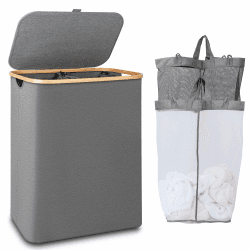iEGrow Wäschekorb150L XL-Extra Groß 2 Fächer Wäschesammler mit Bambusgriff und Deckel, Laundry Baskets, Wäschekörbe für Waschküche, Schlafzimmer, Badezimmer (Grau) Grau 150L Angebot bei HelloDeals