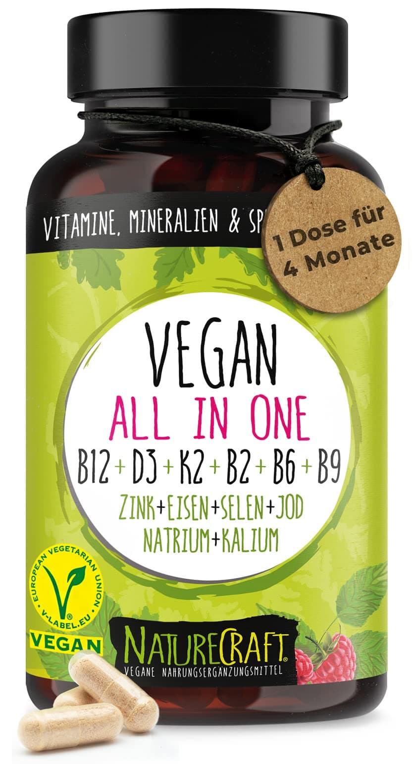 Vegan All-in-One - Vitamin B12+D3+K2+B2+B6+B9 Folsäure + Zink + Eisen + Selen + Natrium + Kalium + Jod - Komplex mit 120 Kapseln (4 Monats-Vorrat) 120 Stück (1er Pack) Angebot bei HelloDeals