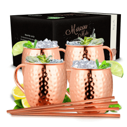 Vezato Moscow-Mule-Becher [500ml] – Gehämmerte Kupferbecher mit Strohhalmen – Handgemachtes -Set [4 Stück] – Rostfreie Kupfer Becher Hammered Copper Angebot bei HelloDeals