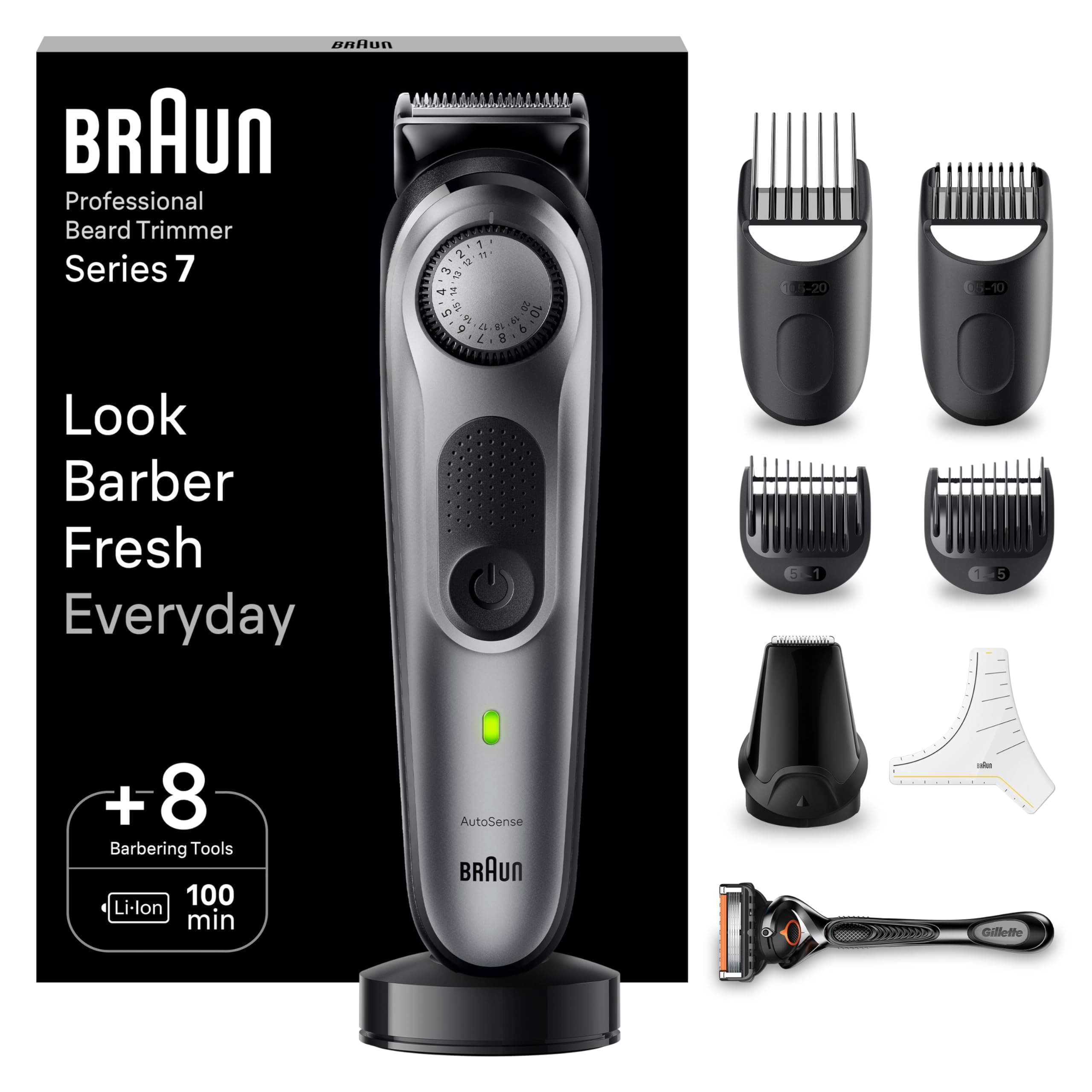 Braun Barttrimmer Herren Series 7, Bartschneider Herren mit 8 Zubehörteilen, Lebenslang Ultrascharfe Klinge, 100 Min. Akku, Kabelloser Bartrasierer, 40 Längen, Wasserdicht, BT7420, Grau Black / Spc Grey Angebot bei HelloDeals