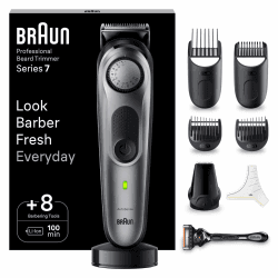 Braun Barttrimmer Herren Series 7, Bartschneider Herren mit 8 Zubehörteilen, Lebenslang Ultrascharfe Klinge, 100 Min. Akku, Kabelloser Bartrasierer, 40 Längen, Wasserdicht, BT7420, Grau Black / Spc Grey Angebot bei HelloDeals