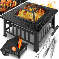 KESSER® Feuerstelle mit Grillrost & Grillzange Feuerschale 82x82x50cm, 3in1 Multifunktional Fire Pit für Heizung/BBQ Grill, Garten Terrasse, Metall Feuerkorb mit Schutzhülle Schürhaken Funkenschutz Schwarz (Vierkant) Angebot bei HelloDeals