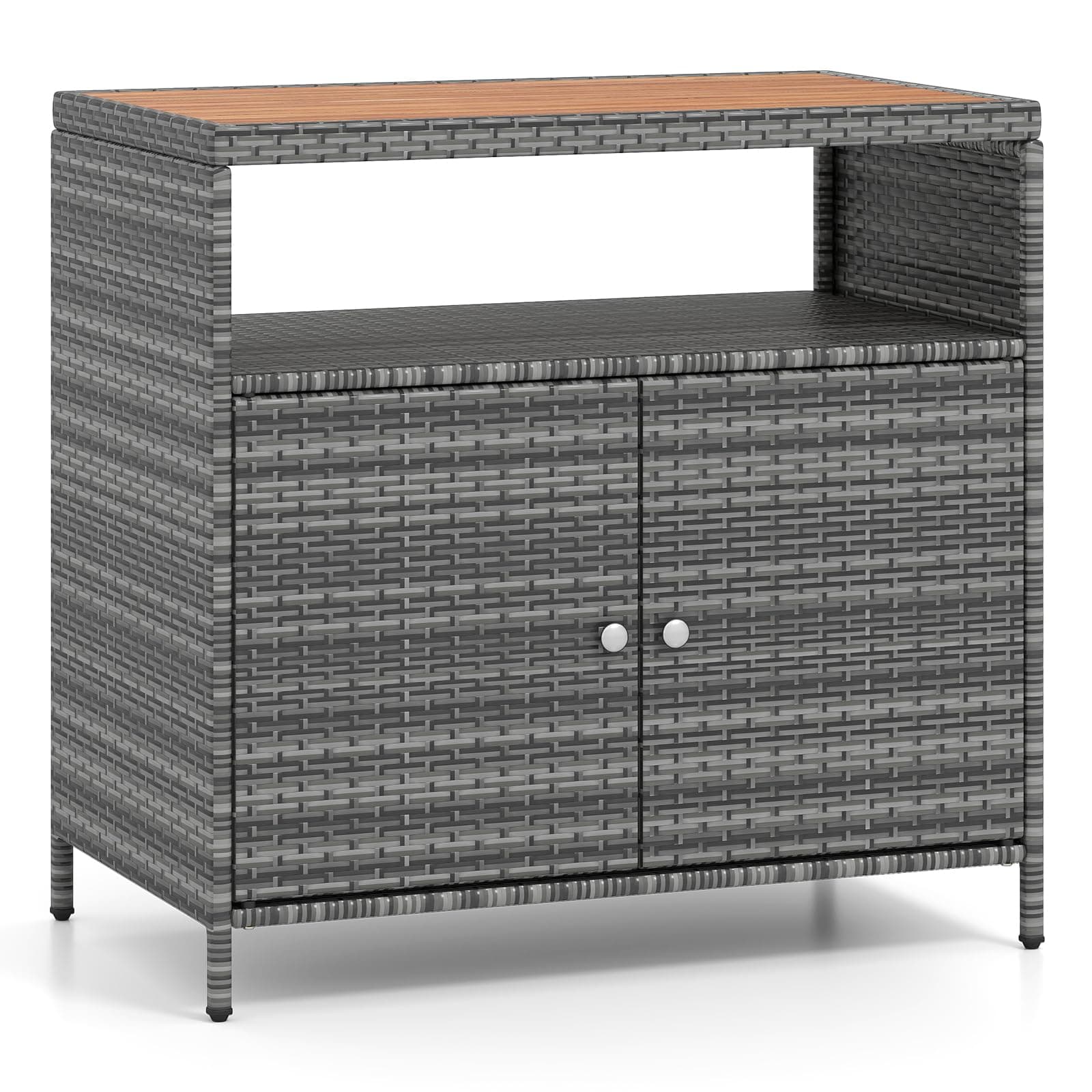 COSTWAY Gartenschrank Rattan, Terrassenschrank mit Akazienholz-Arbeitsplatte, offenem Fach und Doppeltür, Outdoor Aufbewahrungsschrank für Garten, Terrasse, 90 x 53 x 86 cm (Grau) Angebot bei HelloDeals