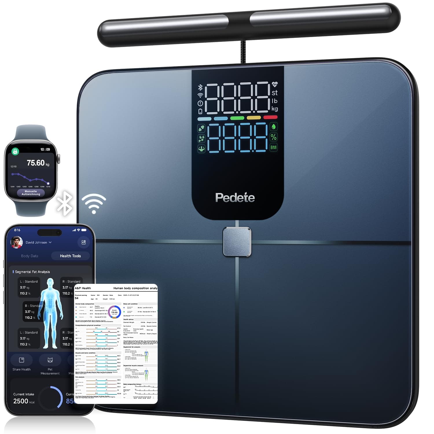Körperfettwaage Smart Waage Personen,digitale Personenwaage mit 8 Elektroden,Digitale Waage mit Körperfett,Körperwaage Digital Bluetooth, für Protein, BMI und 28 körperanalysewaage. (180kg) Angebot bei HelloDeals