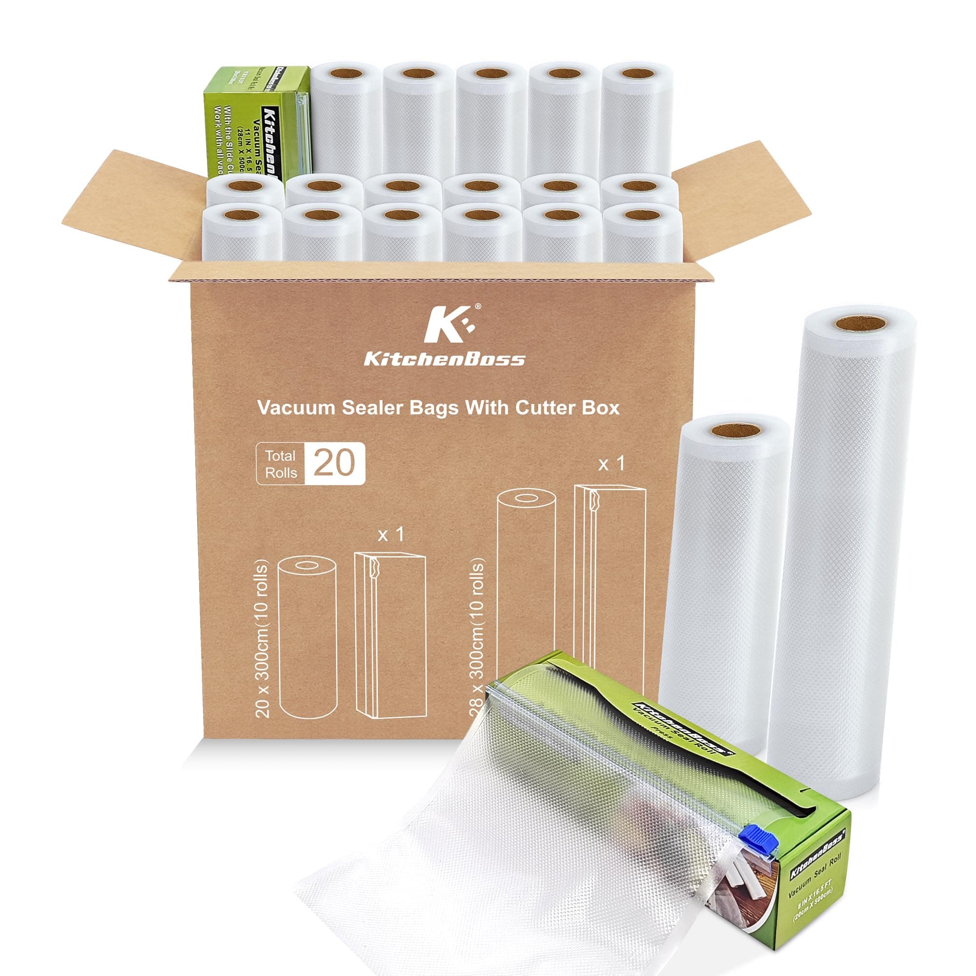 KitchenBoss 20 Rollen Vakuumierbeutel mit 2 Schneideboxen：Vakuumierfolie 20x300cm (10) / 28x300cm (10), Kommerziell Vakuumbeutel für Lebensmittel, für Vakuumiergeräte und Sous Vide Angebot bei HelloDeals