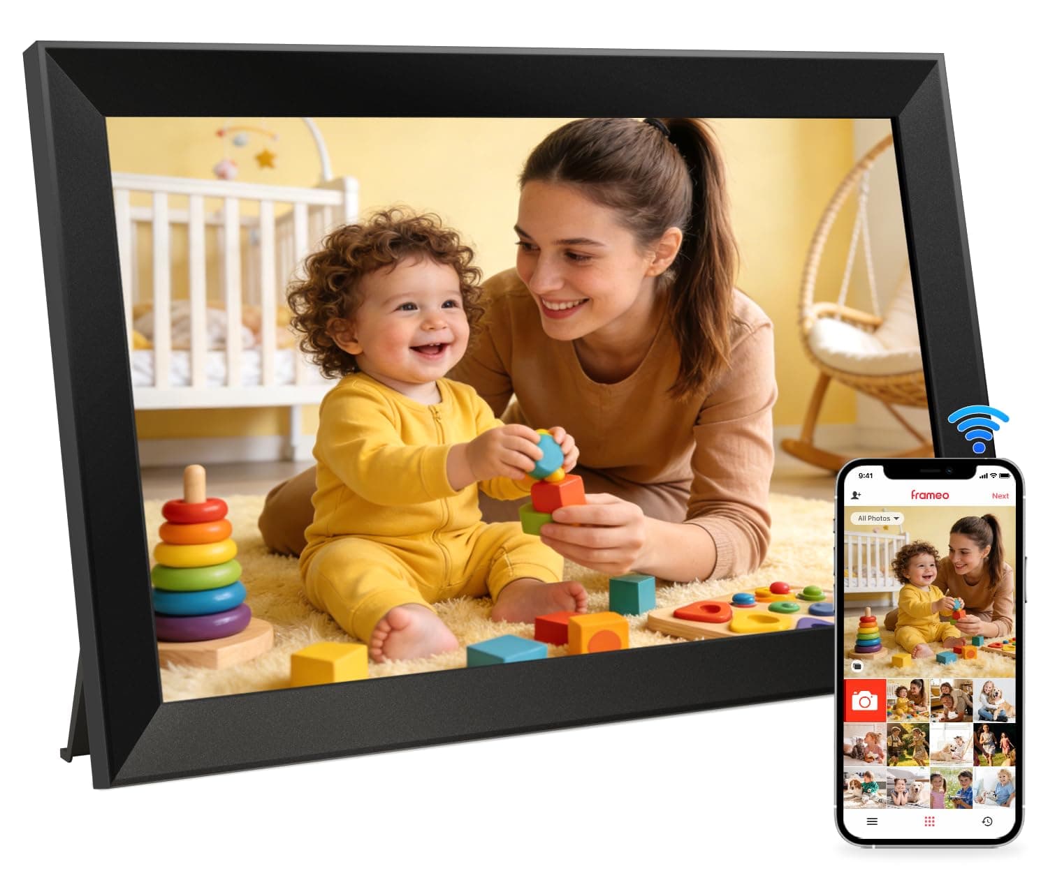 Frameo Digitaler Bilderrahmen WLAN 10,1 Zoll, 1280x800 Full HD IPS Touchscreen, 32GB Foto Rahmen, Automatische Drehung, Wandmontage Möglich, Fotos Teilen über Frameo APP, Geschenk für Eltern/Freunde Schwarz matt Angebot bei HelloDeals