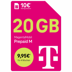 Telekom MagentaMobil Prepaid M mit 20 GB Highspeed-Volumen | 5G/LTE Max & Allnet Flat in alle dt. Netze | unverbrauchtes Datenvolumen weiter nutzen | EU Roaming & Hotspot Flat | 10 EUR Startguthaben Angebot bei HelloDeals