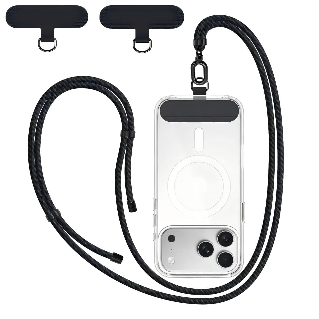 New&Teck Handyschnur mit 2 Patches, 1,60 m langes Telefonband, strapazierfähig, verstellbar, elegant, kompatibel mit allen Smartphones Schwarz Angebot bei HelloDeals