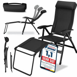 ELONEO Campingstuhl faltbar mit Abnehmbarer Beinauflage, Klappstuhl aus Aluminium, Gartenstuhl klappbar, Liegestuhl mit Verstellbarer Rückenlehne, Camping Chair schwarz Klappstuhl mit Beinauflage (Basic) Schwarz Angebot bei HelloDeals
