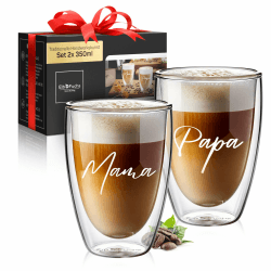 ElbFuchs® Doppelwandige Latte Macchiato Gläser | MAMA + PAPA | 2x 350ml [GESCHENK FÜR ELTERN] Thermogläser für Cappuccino | Kaffegläser | Teegläser 08 Words - Mama + Papa 350ml Angebot bei HelloDeals