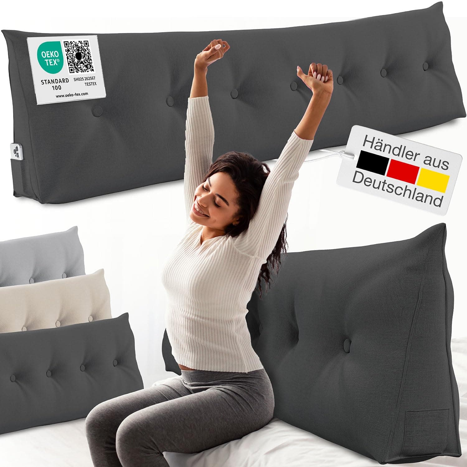 ELONEO Rückenkissen 200 cm breit, Keilkissen für Bett und Sofa geeignet, dreieckiges Lesekissen, Kissen mit abnehmbarem und waschbarem Bezug, mit praktischem Seitenfach Anthrazit 200 cm Angebot bei HelloDeals