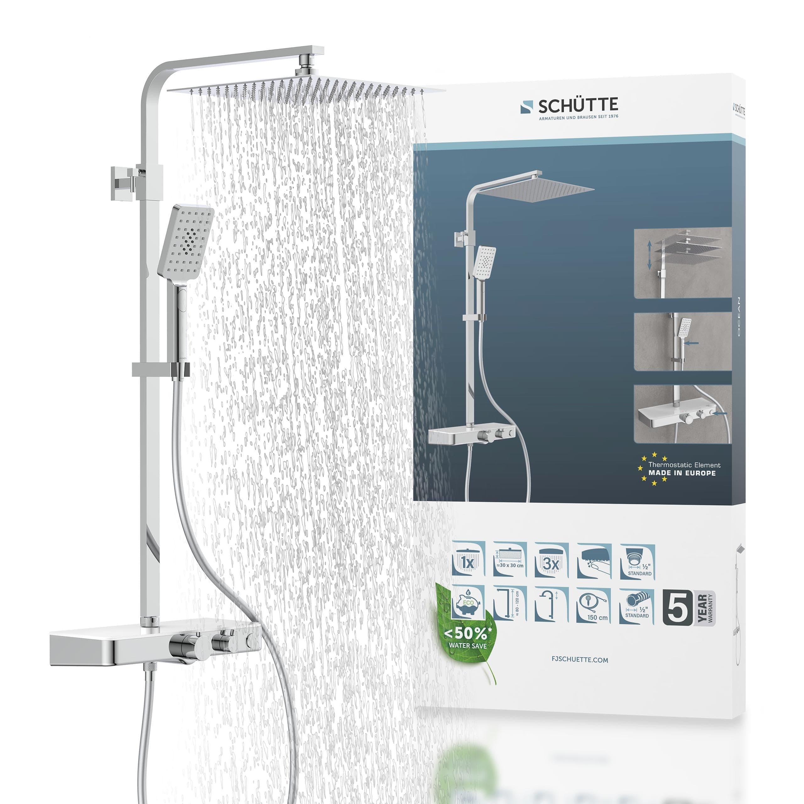 SCHÜTTE OCEAN Duschsystem mit Thermostat und Glasablage - Duschset mit 30x30cm Duschkopf, Regendusche mit Wandhalterung und Duschkopf - Duschpaneel Duschsäule in Chrom/Weiß Angebot bei HelloDeals