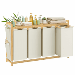 SONGMICS Wäschekorb 4 Fächer, Bambus, Wäschesammler 200 L, Wäschesortierer, mit Ablage, Wäschesack, kleine seitliche Taschen, Wäscheregal, 4 x 50 L, 124,6 x 33 x 78 cm, cremeweiß RLH120W01 Cremeweiß 200 L (1 Eben + 4 Fächer) Angebot bei HelloDeals