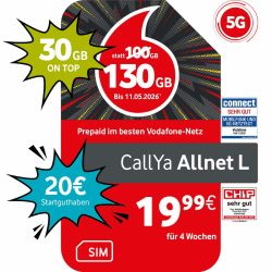 Vodafone Prepaid CallYa Allnet L | 130 GB statt 100 GB | 20 EUR Startguthaben | ohne Vertrag | 5G-Netz | Telefon- SMS-Flat | EU-Roaming 1 Monat Angebot bei HelloDeals