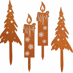 4er Set Rost Weihnachtsbaum Kerzen weihnachten Deko Outdoor Gartenstecker Roststecker Weihnachtsdeko Draußen Gartendeko aus Rust Blumenstecker Weihnachten für Advent Weihnachts Garten Balkon Grabschmu 2 Bäume und 2 Kerzen Angebot bei HelloDeals