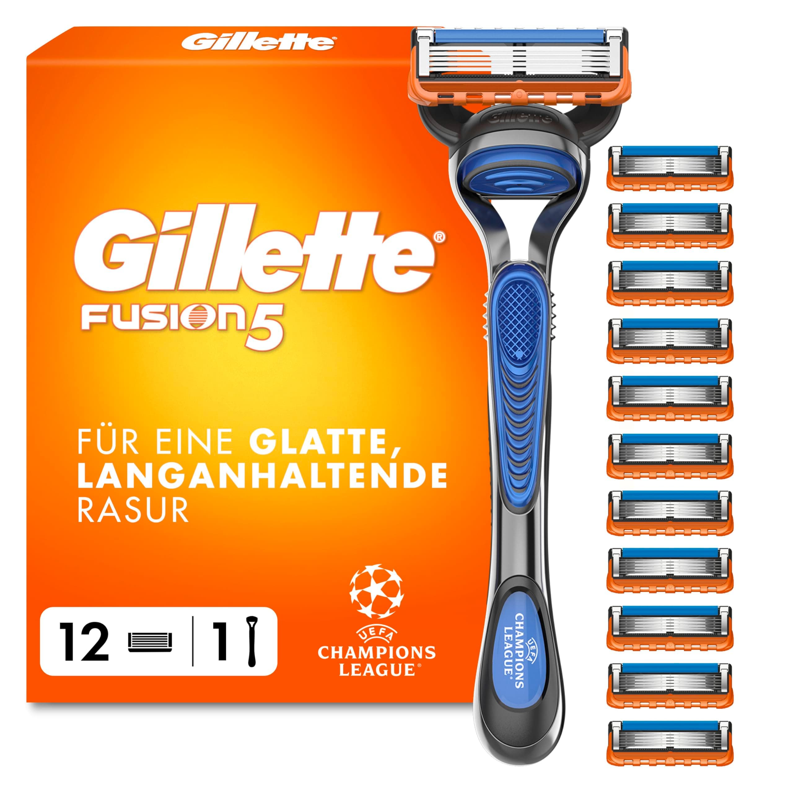 Gillette Fusion5 Rasierer Herren, UEFA Champions League Special Edition — Inkl. 1 Nassrasierer, 12 Ersatzklingen mit Gleitstreifen und 5 Klingen für Eine Gründliche, Langanhaltende Rasur — Blau Rasierer + 12 Klingen Angebot bei HelloDeals