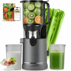 Entsafter Slow Juicer 400W, 152 mm Extra Großer Einfüllschacht für Ganze Früchte und Gemüse, Hohe Saftausbeute, 3-in-1 Sieb (Saft, Sorbet, Nussmilch), BPA-frei, Spülmaschinengeeignet, 1,8L Titanium Gray 1 Angebot bei HelloDeals