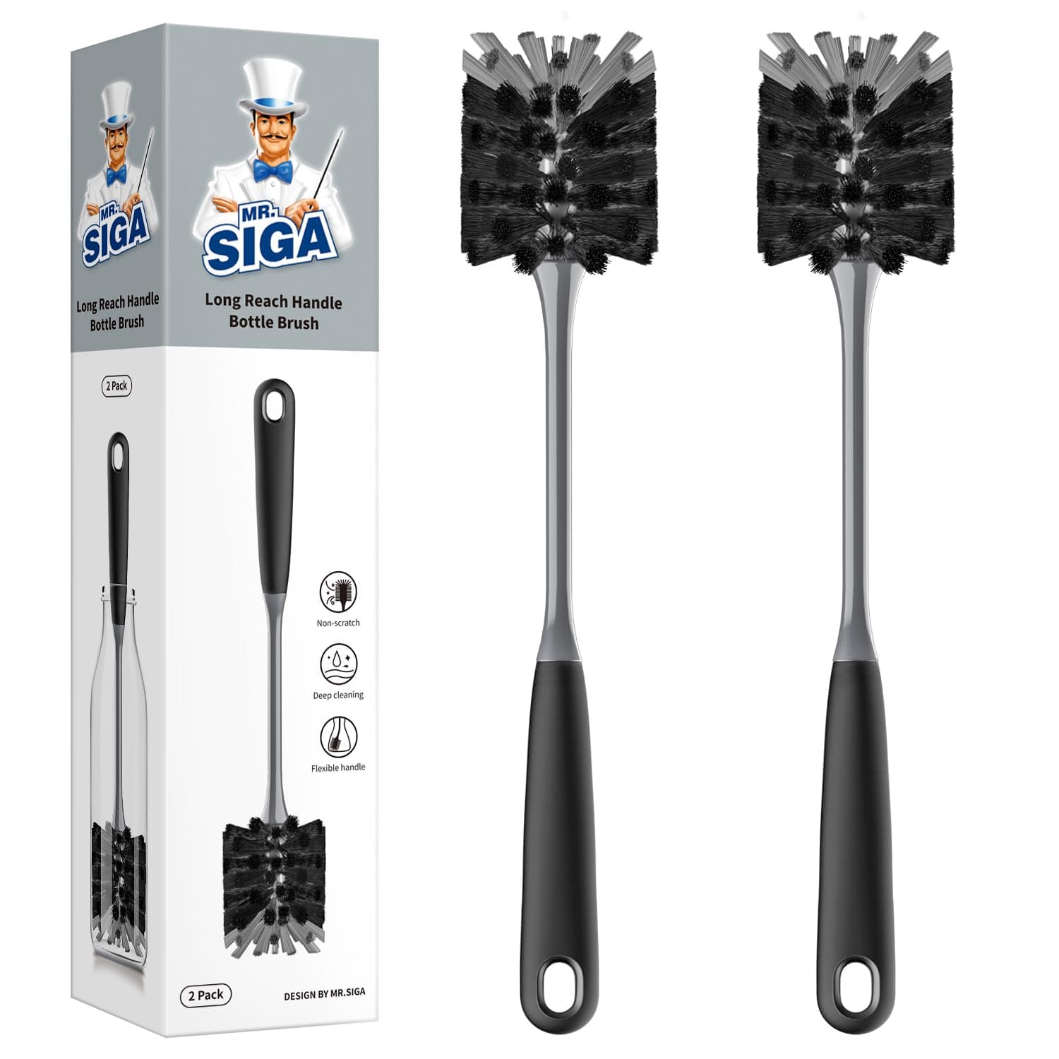MR.SIGA Flaschenbürste mit langem Stiel, Flexible Bürste für Wasserflaschen, Glaswaren und Becher, Schwarz, 2er-Pack Angebot bei HelloDeals
