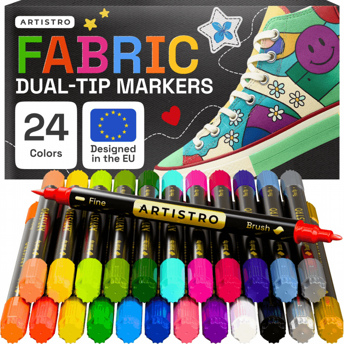 Artistro 24 Doppelseitige Textilstifte- Stoffdekorationsset - Permanent für Kleidung - Kein Auslaufen für T-Shirts, Taschen, Textilien, Leinwand und mehr (Pinselspitze und Feine Spitze) 24 Double tip brush + fine Angebot bei HelloDeals