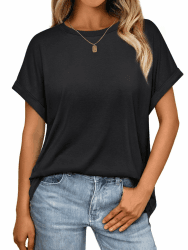 Cuptacc Tshirt Damen Rundhalsausschnitt Kurzarm Oversize T Shirt Sommer Casual Flügelärmel Top Damen Locker Schwarz L Angebot bei HelloDeals