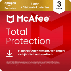 McAfee Total Protection 2026 (3 Geräte), 15 Monate Amazon Exklusiv | Virenschutz, VPN, Betrugsschutz, Sicherheitssoftware, Identitätsüberwachung | Abonnement mit automatischer Verlängerung | Download Digital Download 15 Monate 3 Geräte Amazon Exklusiv Angebot bei HelloDeals