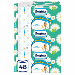 Regina Kamillenpapier 3-lagiges Toilettenpapier, 48 Rollen-Packung (3 x 16 Einzelpackungen), 150 Blatt pro Rolle, Sanft und zuverlässig, Mit einem Hauch von Kamille, FSC-zertifiziertes Papier Weiß 48 Rollen Angebot bei HelloDeals