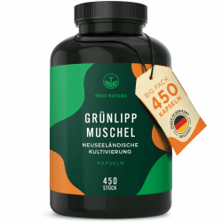 Grünlippmuschel - 450 Kapseln - 50% mehr Inhalt - Hochdosiert: 2000mg pro Tagesdosis - Ohne jegliche Zusatzstoffe - Kultiviert in Neuseeland - Deutsche Produktion - TRUE NATURE® 450 Stück (1er Pack) Angebot bei HelloDeals