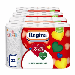Regina mit Herzen Haushaltstücher - 32 Rollen-Packung (8 x 4 Einzelpackungen), 43 Blatt 3-Lagig, Super Saugfähig, Dick, Beständig, FSC Papier Angebot bei HelloDeals