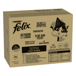 FELIX Katzenfutter nass in Gelee, Sorten-Mix, 120er Pack (120 x 85g) Rind, Huhn, Thunfisch, Kabeljau Angebot bei HelloDeals
