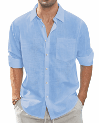 J.VER Leinenhemd Herren Langarm Leichtes Sommerhemd Einfarbig Business Freizeithemd Party Club Reisen Alltägliche Leinen Shirt mit Taschen XL Hellblau Angebot bei HelloDeals