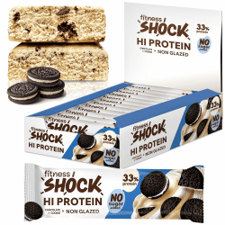 FitnesSHOCK High Proteinriegel Set mit hohem 20g Proteingehalt Eiweißriegel ohne Zuckerzusatz kalorienarm low carb ballaststoffreich Cookie Cream Geschmack 12Stk 60g Kekse & Sahne Angebot bei HelloDeals