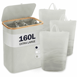 YOUDENOVA Wäschekorb mit Deckel 3 Fächer 160L Wäschesammler mit 3 Wäschesäcke Groß faltbarer Wäschesortierer Holz Bambus Wäschetruhe hoch, Grau 160L Grau Angebot bei HelloDeals