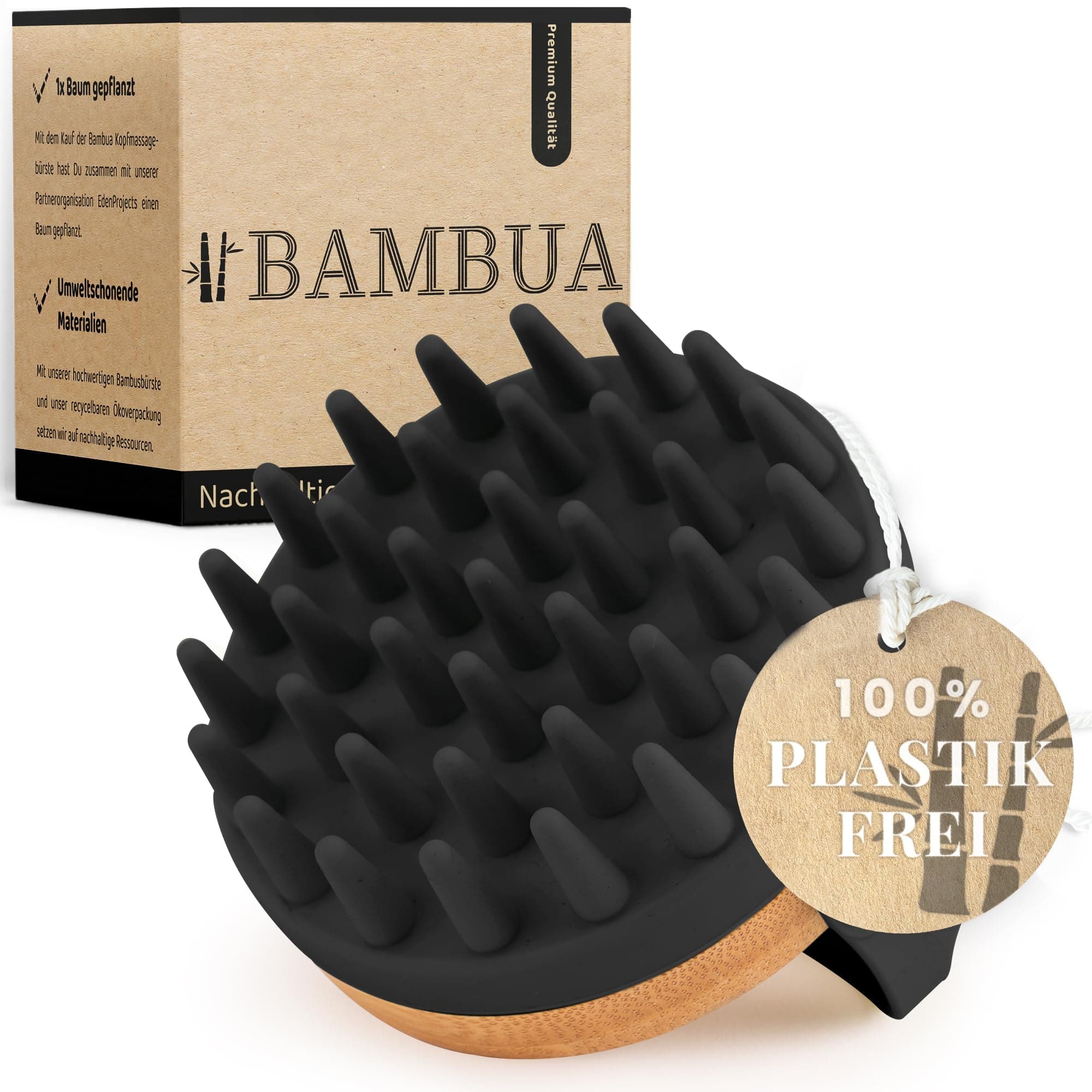 BAMBUA Kopfhaut Massagebürste - (Anti-Schuppen Effekt) Kopfmassage Bürste - Zur Kopfmassage beim Duschen - Premium Scalp Massager - Utensilienset Massage inkl. E-Book „Gesunde Kopfhaut“ (Schwarz) Angebot bei HelloDeals