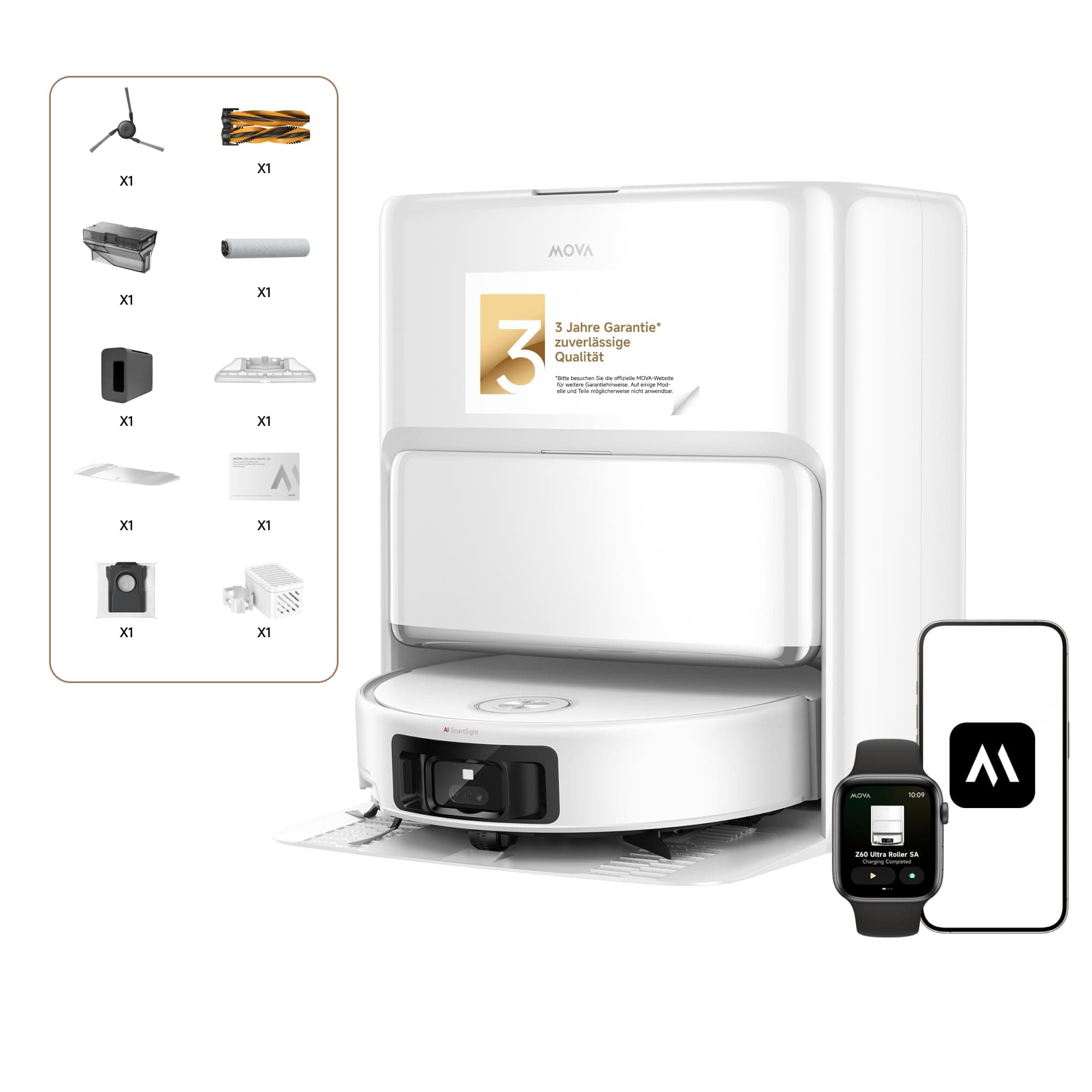 Mova Z60 Ultra Roller Standalone Saugroboter, 26.000 Pa Saugkraft, HydroForce-Wischen, MaxiReach-Techn., FlexScope-Radar mit Hebefunktion, AutoShield-Tech., dreifaches Anti-Tangle. All-in-One-Station Z60 Standalone White Angebot bei HelloDeals