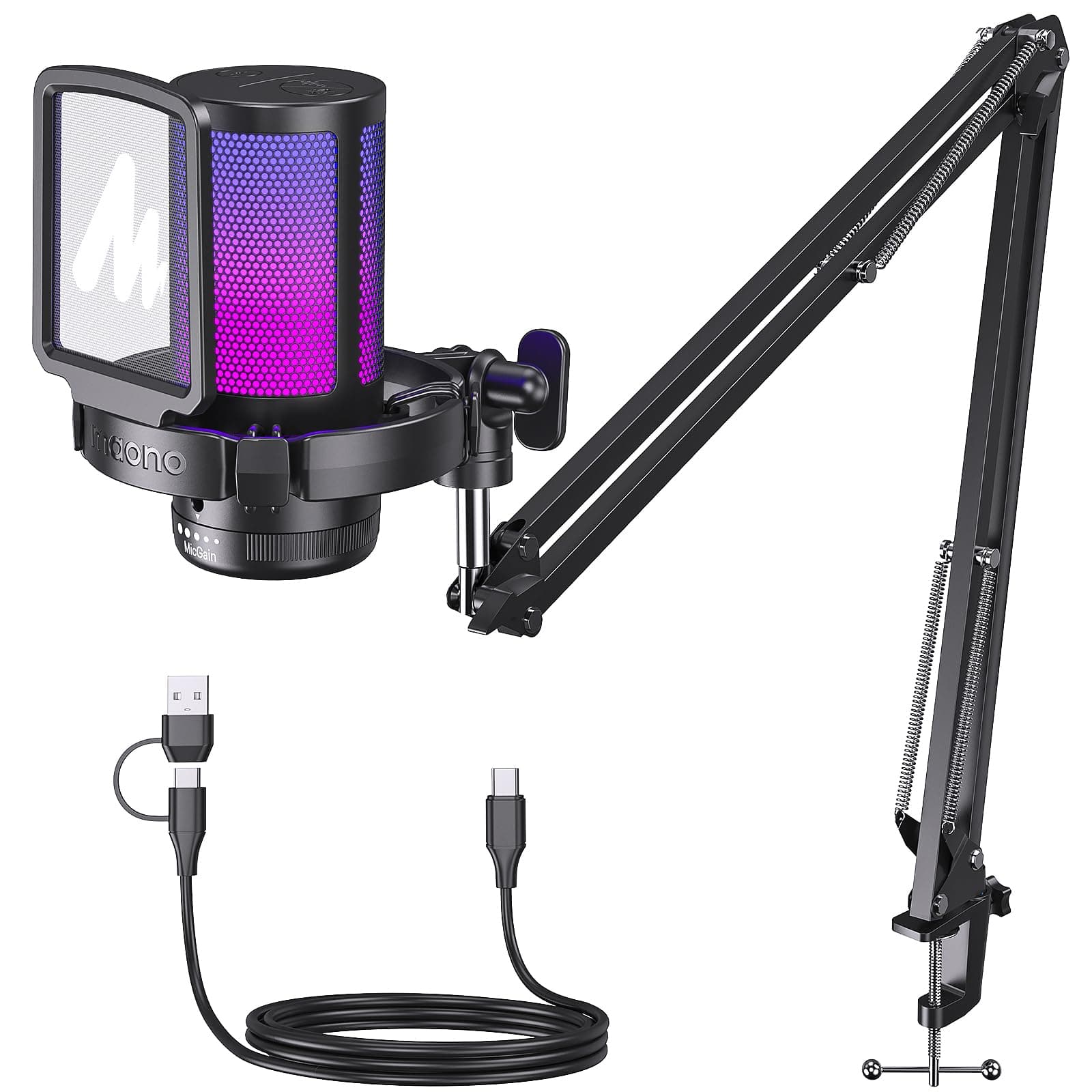 MAONO Gaming USB Mikrofon, Noise Cancellation Kondensator Mic mit Mute, Gain, Monitoring, Galgenarm, Pop-Filter für Streaming, Podcast, Twitch, YouTube, Discord, PC, Computer, PS5, Mac, DGM20S Mikrofon mit Arm Schwarz Angebot bei HelloDeals