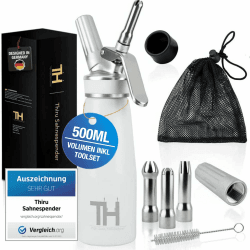 Thiru Sahnespender inkl.Toolbox - Note sehr gut - 100 Tage testen - Sahnesyphon mit eBook & 3 Edelstahl Tüllen - Sahnesyphon für Schlagsahne, Espuma & warme Speisen (Schneeweiß) Angebot bei HelloDeals
